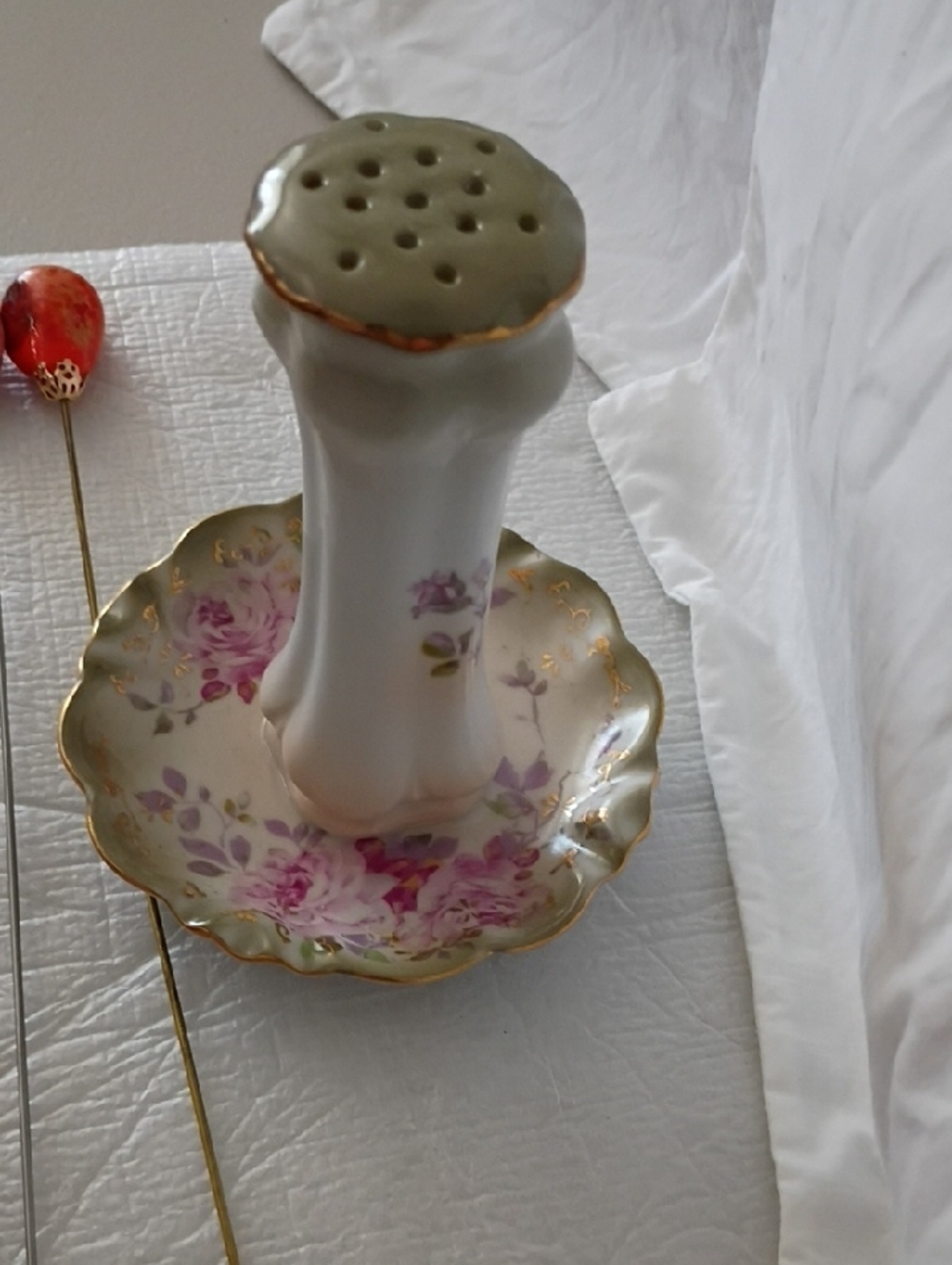 Vintage Porcelain Floral Hatpin Holder with Pink and Gold Accents - Picture 3 of 10